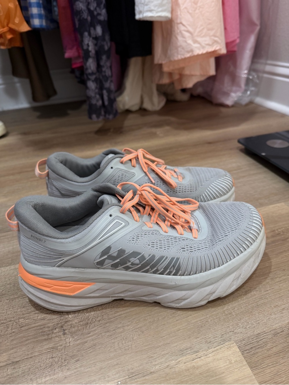 Hoka Women's Light Gray and Peach Athletic Running Shoes